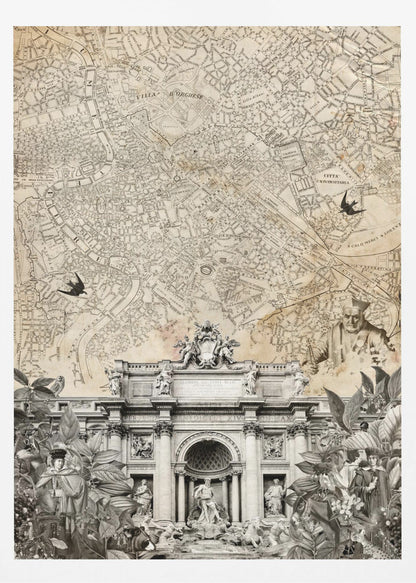 A vintage-style collage with a sepia map of Rome as the background. At the bottom is a detailed black and white illustration of the Trevi Fountain, surrounded by cutouts of foliage and historical figures. Two black birds are shown flying over the map. Decor