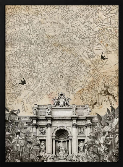 A vintage-style collage with a sepia map of Rome as the background. At the bottom is a detailed black and white illustration of the Trevi Fountain, surrounded by cutouts of foliage and historical figures. Two black birds are shown flying over the map. Decor