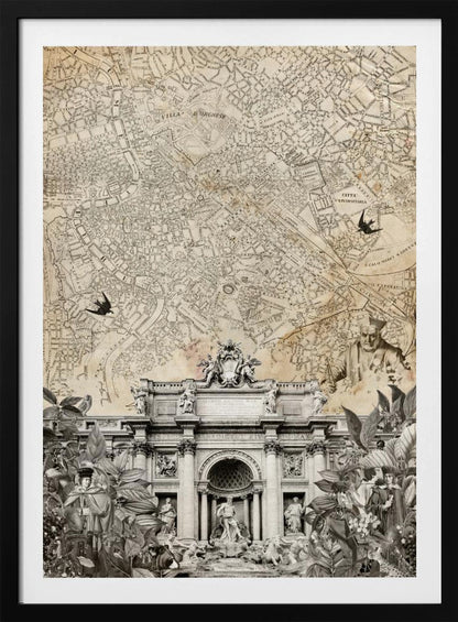 A vintage-style collage with a sepia map of Rome as the background. At the bottom is a detailed black and white illustration of the Trevi Fountain, surrounded by cutouts of foliage and historical figures. Two black birds are shown flying over the map. Decor