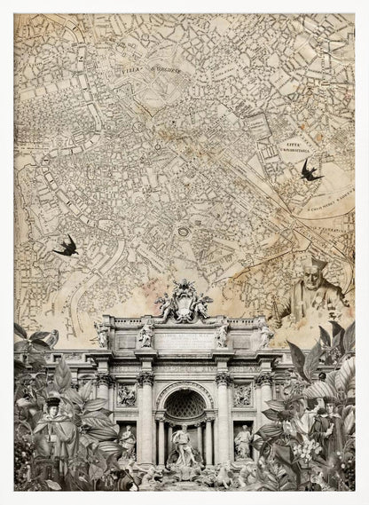 A vintage-style collage with a sepia map of Rome as the background. At the bottom is a detailed black and white illustration of the Trevi Fountain, surrounded by cutouts of foliage and historical figures. Two black birds are shown flying over the map. Decor