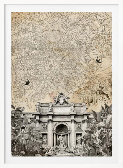A vintage-style collage with a sepia map of Rome as the background. At the bottom is a detailed black and white illustration of the Trevi Fountain, surrounded by cutouts of foliage and historical figures. Two black birds are shown flying over the map. Decor