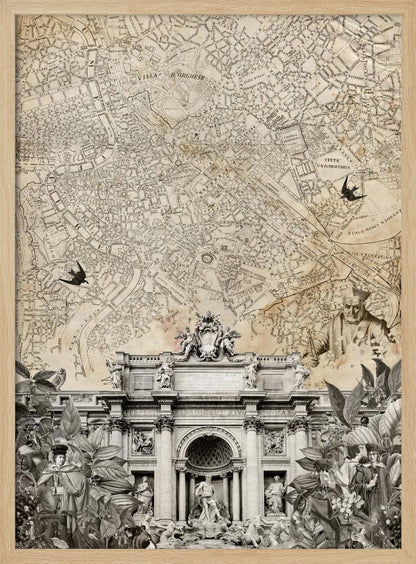 A vintage-style collage with a sepia map of Rome as the background. At the bottom is a detailed black and white illustration of the Trevi Fountain, surrounded by cutouts of foliage and historical figures. Two black birds are shown flying over the map. Decor