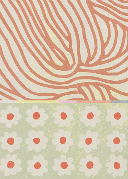 A modern abstract artwork with a split design. The top section features wavy, organic orange lines on a cream background, resembling wood grain. The bottom section is a pattern of simple white and orange flowers on a sage green background. Poster