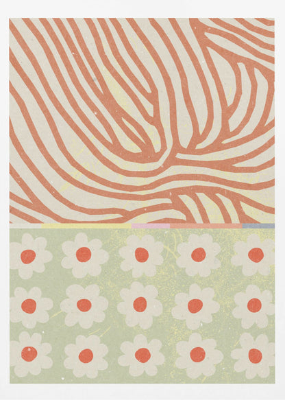 A modern abstract artwork with a split design. The top section features wavy, organic orange lines on a cream background, resembling wood grain. The bottom section is a pattern of simple white and orange flowers on a sage green background. Poster