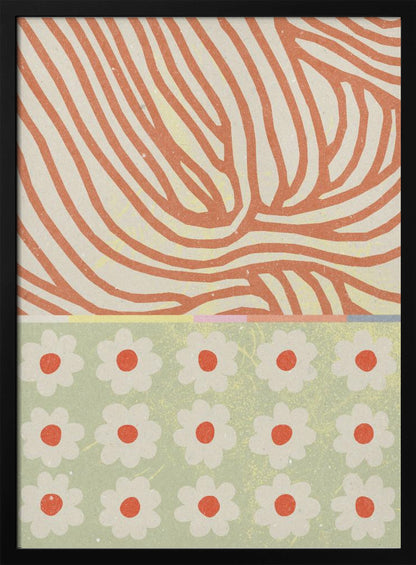 A modern abstract artwork with a split design. The top section features wavy, organic orange lines on a cream background, resembling wood grain. The bottom section is a pattern of simple white and orange flowers on a sage green background. Poster