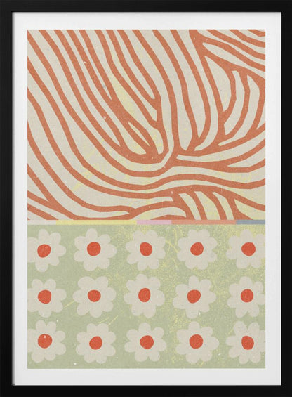 A modern abstract artwork with a split design. The top section features wavy, organic orange lines on a cream background, resembling wood grain. The bottom section is a pattern of simple white and orange flowers on a sage green background. Poster