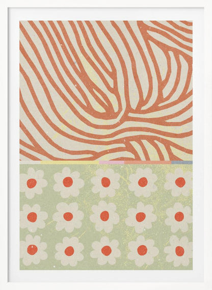 A modern abstract artwork with a split design. The top section features wavy, organic orange lines on a cream background, resembling wood grain. The bottom section is a pattern of simple white and orange flowers on a sage green background. Poster