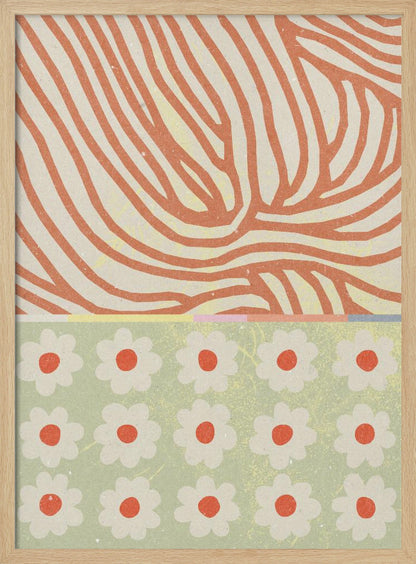 A modern abstract artwork with a split design. The top section features wavy, organic orange lines on a cream background, resembling wood grain. The bottom section is a pattern of simple white and orange flowers on a sage green background. Poster