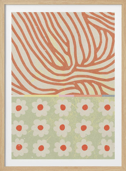 A modern abstract artwork with a split design. The top section features wavy, organic orange lines on a cream background, resembling wood grain. The bottom section is a pattern of simple white and orange flowers on a sage green background. Poster