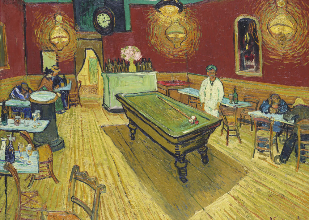 The Night Café by Vincent van Gogh, a famous post-impressionist painting depicting the interior of a late-night café. The room features a central green billiard table, stark red walls, and a bright yellow floor, all illuminated by glowing ceiling lamps. A few patrons are scattered at tables, creating a somber atmosphere. Decor