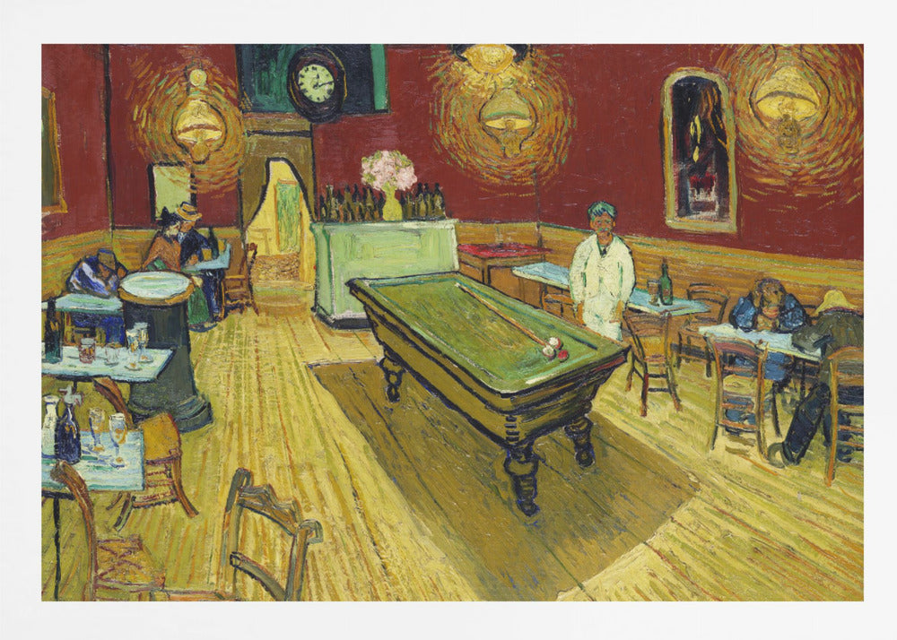 The Night Café by Vincent van Gogh, a famous post-impressionist painting depicting the interior of a late-night café. The room features a central green billiard table, stark red walls, and a bright yellow floor, all illuminated by glowing ceiling lamps. A few patrons are scattered at tables, creating a somber atmosphere. Decor