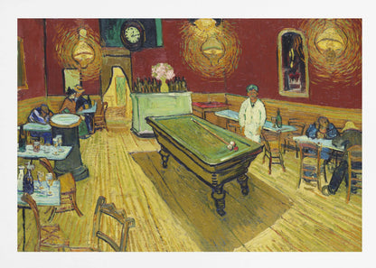 The Night Café by Vincent van Gogh, a famous post-impressionist painting depicting the interior of a late-night café. The room features a central green billiard table, stark red walls, and a bright yellow floor, all illuminated by glowing ceiling lamps. A few patrons are scattered at tables, creating a somber atmosphere. Decor