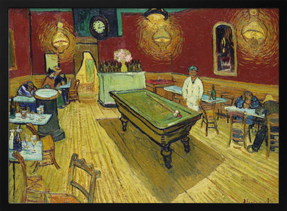 The Night Café by Vincent van Gogh, a famous post-impressionist painting depicting the interior of a late-night café. The room features a central green billiard table, stark red walls, and a bright yellow floor, all illuminated by glowing ceiling lamps. A few patrons are scattered at tables, creating a somber atmosphere. Decor