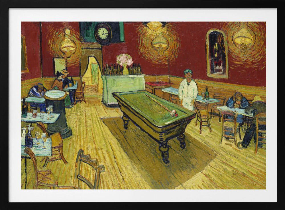 The Night Café by Vincent van Gogh, a famous post-impressionist painting depicting the interior of a late-night café. The room features a central green billiard table, stark red walls, and a bright yellow floor, all illuminated by glowing ceiling lamps. A few patrons are scattered at tables, creating a somber atmosphere. Decor