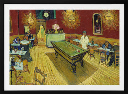 The Night Café by Vincent van Gogh, a famous post-impressionist painting depicting the interior of a late-night café. The room features a central green billiard table, stark red walls, and a bright yellow floor, all illuminated by glowing ceiling lamps. A few patrons are scattered at tables, creating a somber atmosphere. Decor