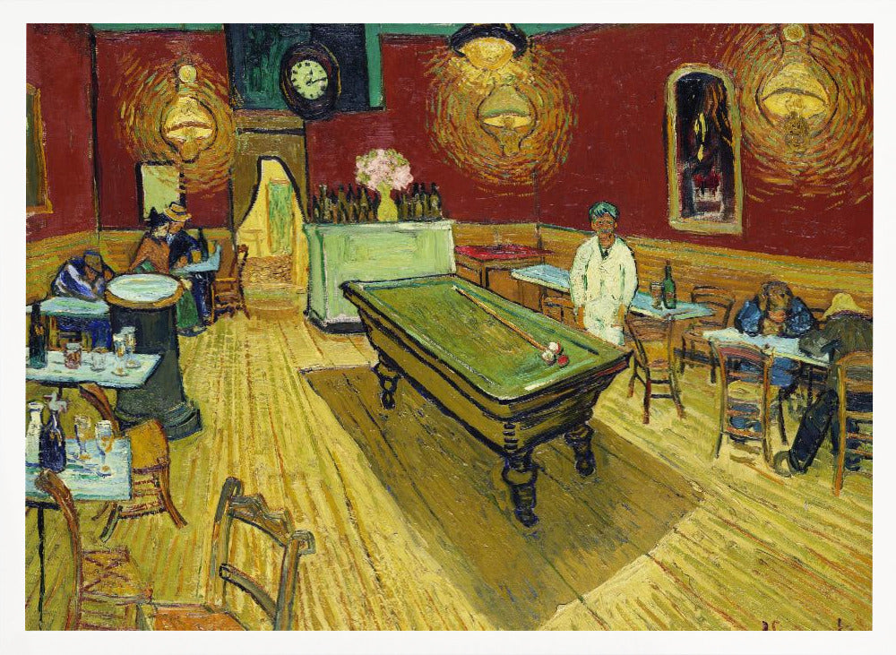 The Night Café by Vincent van Gogh, a famous post-impressionist painting depicting the interior of a late-night café. The room features a central green billiard table, stark red walls, and a bright yellow floor, all illuminated by glowing ceiling lamps. A few patrons are scattered at tables, creating a somber atmosphere. Decor