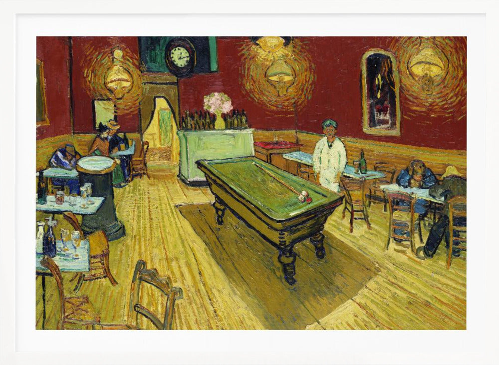The Night Café by Vincent van Gogh, a famous post-impressionist painting depicting the interior of a late-night café. The room features a central green billiard table, stark red walls, and a bright yellow floor, all illuminated by glowing ceiling lamps. A few patrons are scattered at tables, creating a somber atmosphere. Decor