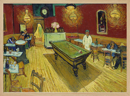 The Night Café by Vincent van Gogh, a famous post-impressionist painting depicting the interior of a late-night café. The room features a central green billiard table, stark red walls, and a bright yellow floor, all illuminated by glowing ceiling lamps. A few patrons are scattered at tables, creating a somber atmosphere. Decor