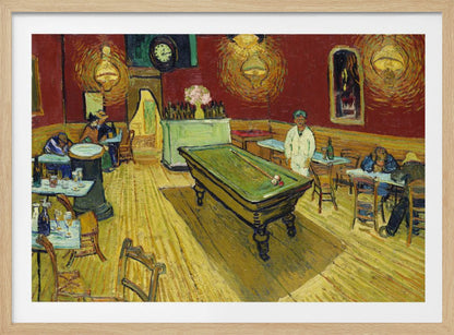 The Night Café by Vincent van Gogh, a famous post-impressionist painting depicting the interior of a late-night café. The room features a central green billiard table, stark red walls, and a bright yellow floor, all illuminated by glowing ceiling lamps. A few patrons are scattered at tables, creating a somber atmosphere. Decor