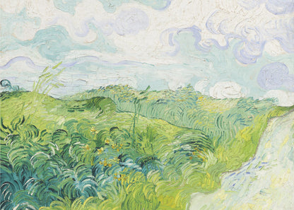 A framed art print of Vincent van Gogh's painting, 'Green Wheat Fields, Auvers'. It showcases a vibrant landscape of rolling green hills under a swirling blue and white sky, all rendered in his signature expressive, impasto brushwork. Print
