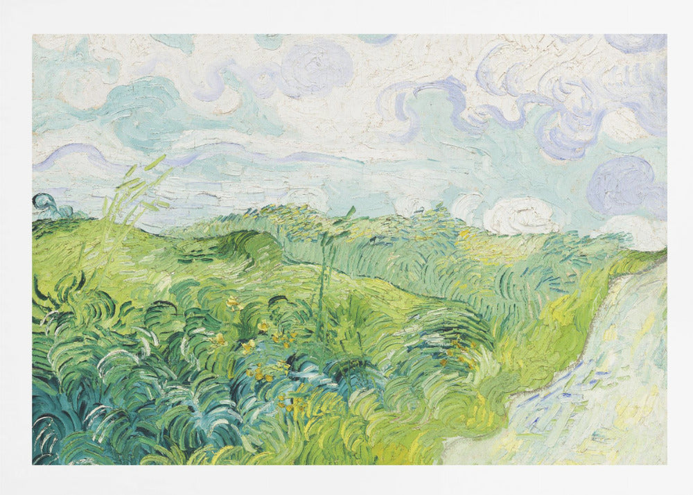 A framed art print of Vincent van Gogh's painting, 'Green Wheat Fields, Auvers'. It showcases a vibrant landscape of rolling green hills under a swirling blue and white sky, all rendered in his signature expressive, impasto brushwork. Print