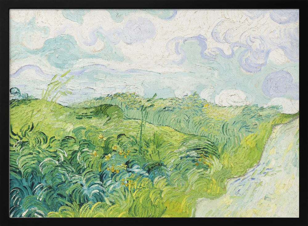 A framed art print of Vincent van Gogh's painting, 'Green Wheat Fields, Auvers'. It showcases a vibrant landscape of rolling green hills under a swirling blue and white sky, all rendered in his signature expressive, impasto brushwork. Print