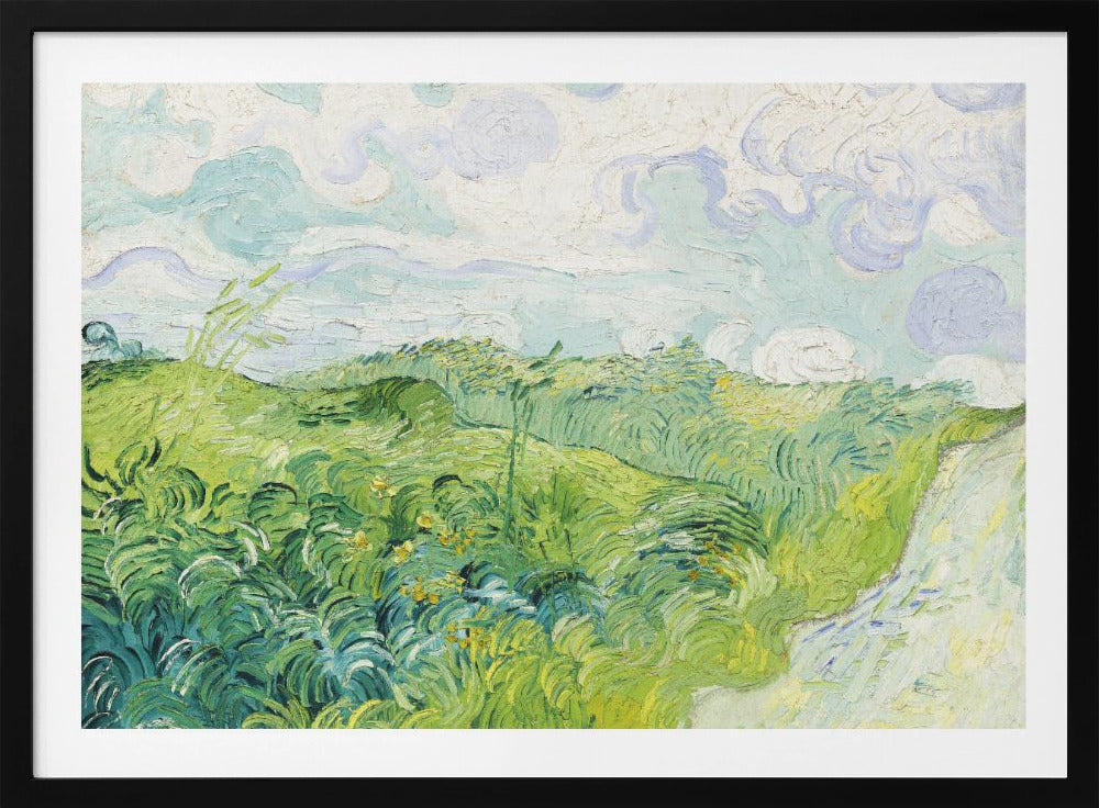 A framed art print of Vincent van Gogh's painting, 'Green Wheat Fields, Auvers'. It showcases a vibrant landscape of rolling green hills under a swirling blue and white sky, all rendered in his signature expressive, impasto brushwork. Print