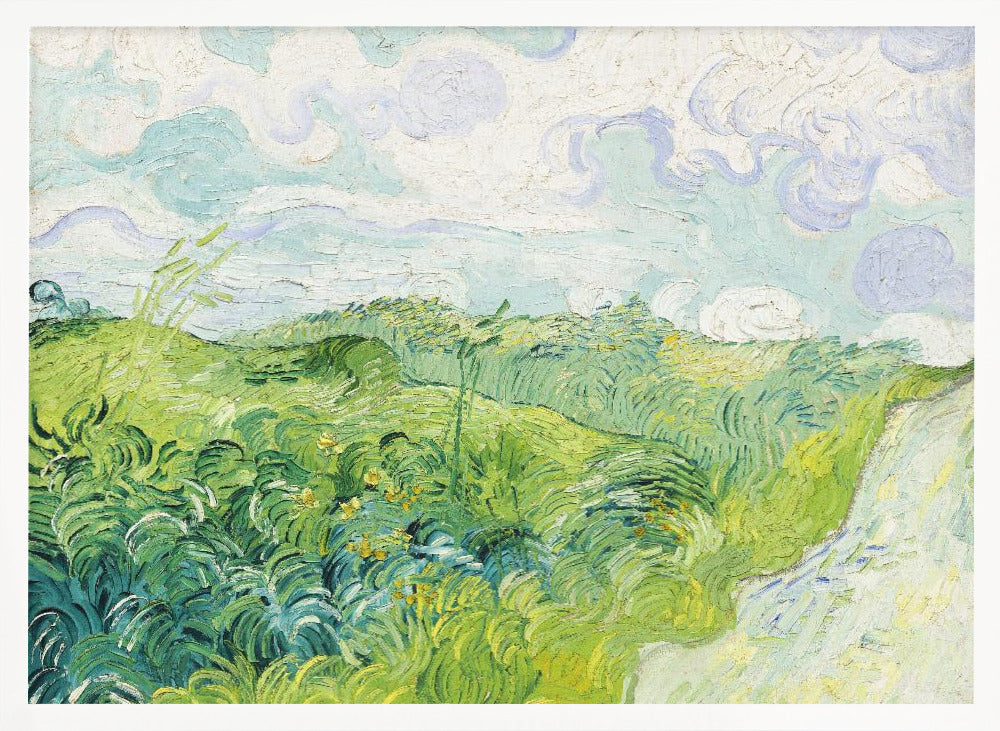 A framed art print of Vincent van Gogh's painting, 'Green Wheat Fields, Auvers'. It showcases a vibrant landscape of rolling green hills under a swirling blue and white sky, all rendered in his signature expressive, impasto brushwork. Print