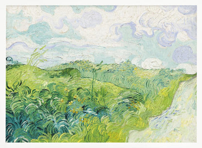 A framed art print of Vincent van Gogh's painting, 'Green Wheat Fields, Auvers'. It showcases a vibrant landscape of rolling green hills under a swirling blue and white sky, all rendered in his signature expressive, impasto brushwork. Print