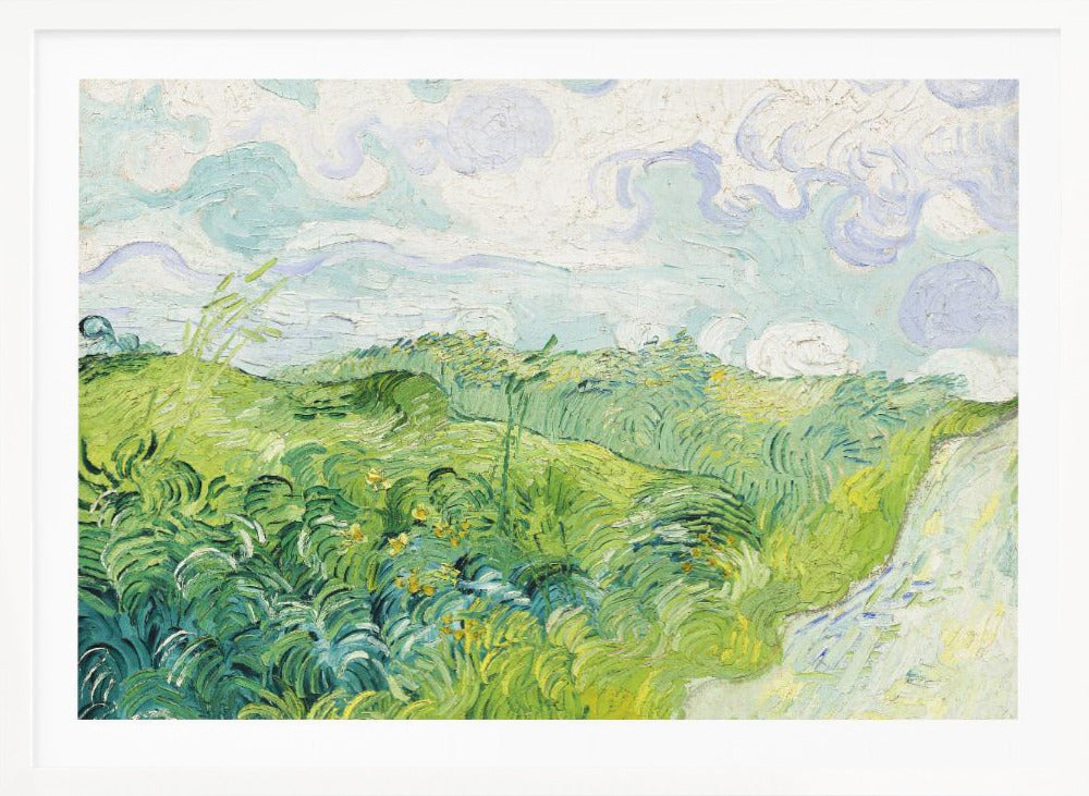 A framed art print of Vincent van Gogh's painting, 'Green Wheat Fields, Auvers'. It showcases a vibrant landscape of rolling green hills under a swirling blue and white sky, all rendered in his signature expressive, impasto brushwork. Print