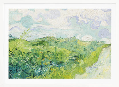 A framed art print of Vincent van Gogh's painting, 'Green Wheat Fields, Auvers'. It showcases a vibrant landscape of rolling green hills under a swirling blue and white sky, all rendered in his signature expressive, impasto brushwork. Print