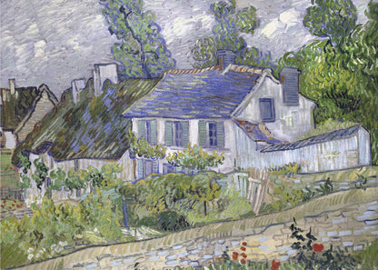 A post-impressionist painting by Vincent van Gogh depicting a quaint village scene. The artwork, characterized by thick, energetic brushstrokes, features houses with blue and thatched roofs, surrounded by lush green trees and foliage under a cloudy sky. The scene is framed in a simple silver border. Print
