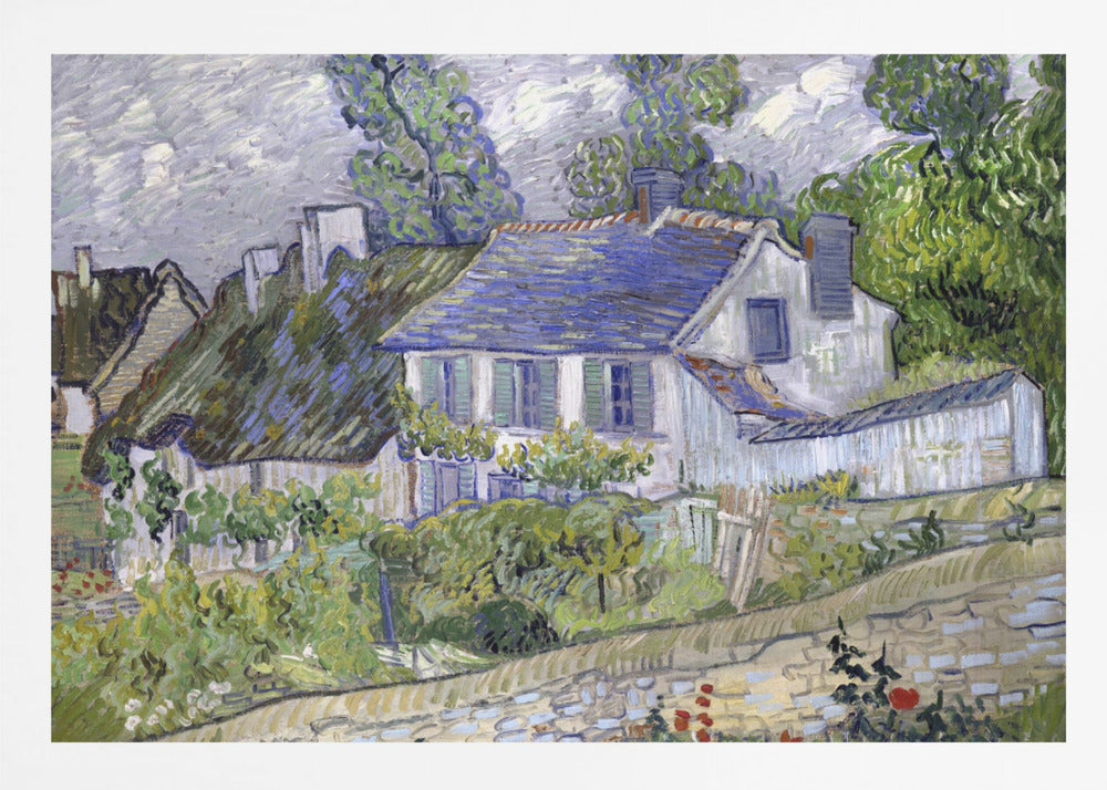 A post-impressionist painting by Vincent van Gogh depicting a quaint village scene. The artwork, characterized by thick, energetic brushstrokes, features houses with blue and thatched roofs, surrounded by lush green trees and foliage under a cloudy sky. The scene is framed in a simple silver border. Print