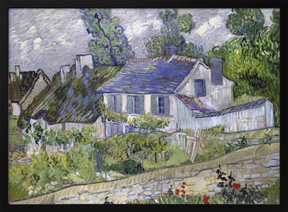 A post-impressionist painting by Vincent van Gogh depicting a quaint village scene. The artwork, characterized by thick, energetic brushstrokes, features houses with blue and thatched roofs, surrounded by lush green trees and foliage under a cloudy sky. The scene is framed in a simple silver border. Print