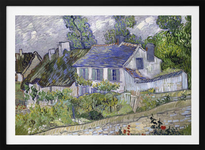 A post-impressionist painting by Vincent van Gogh depicting a quaint village scene. The artwork, characterized by thick, energetic brushstrokes, features houses with blue and thatched roofs, surrounded by lush green trees and foliage under a cloudy sky. The scene is framed in a simple silver border. Print