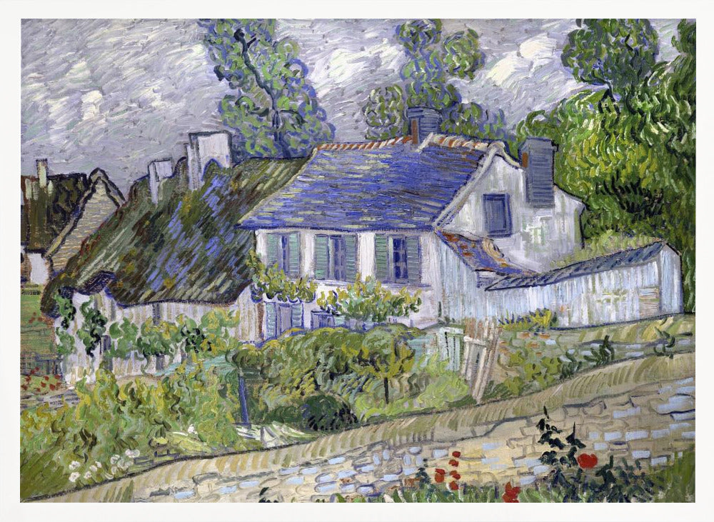 A post-impressionist painting by Vincent van Gogh depicting a quaint village scene. The artwork, characterized by thick, energetic brushstrokes, features houses with blue and thatched roofs, surrounded by lush green trees and foliage under a cloudy sky. The scene is framed in a simple silver border. Print