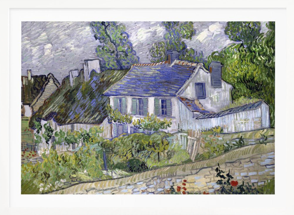 A post-impressionist painting by Vincent van Gogh depicting a quaint village scene. The artwork, characterized by thick, energetic brushstrokes, features houses with blue and thatched roofs, surrounded by lush green trees and foliage under a cloudy sky. The scene is framed in a simple silver border. Print