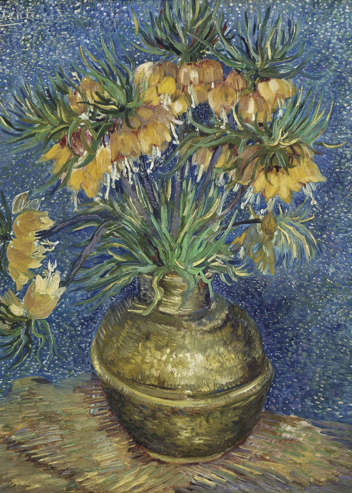 A post-impressionist still life painting by Vincent van Gogh featuring a bouquet of yellow Imperial Fritillaries with green leaves in a round copper vase against a vibrant, textured blue background. Artwork