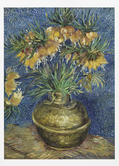 A post-impressionist still life painting by Vincent van Gogh featuring a bouquet of yellow Imperial Fritillaries with green leaves in a round copper vase against a vibrant, textured blue background. Artwork