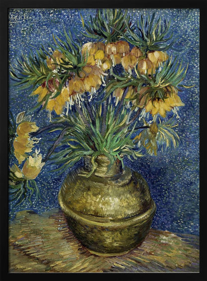 A post-impressionist still life painting by Vincent van Gogh featuring a bouquet of yellow Imperial Fritillaries with green leaves in a round copper vase against a vibrant, textured blue background. Artwork