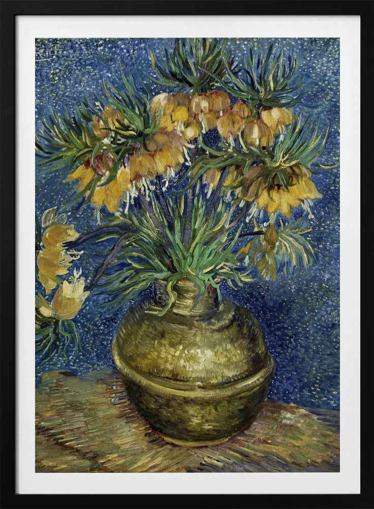 A post-impressionist still life painting by Vincent van Gogh featuring a bouquet of yellow Imperial Fritillaries with green leaves in a round copper vase against a vibrant, textured blue background. Artwork