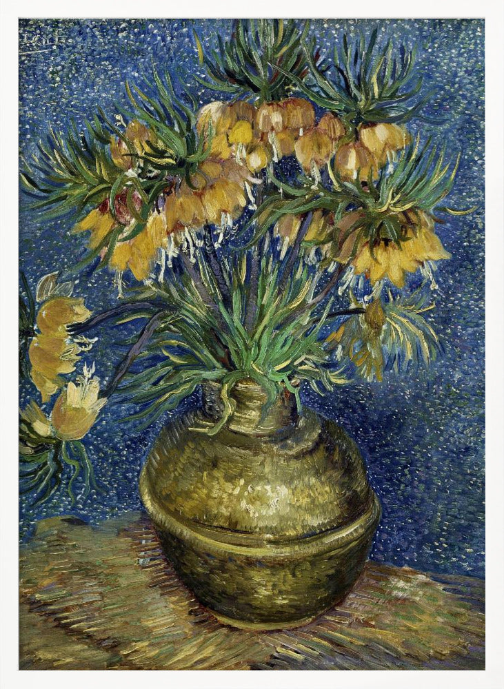 A post-impressionist still life painting by Vincent van Gogh featuring a bouquet of yellow Imperial Fritillaries with green leaves in a round copper vase against a vibrant, textured blue background. Artwork