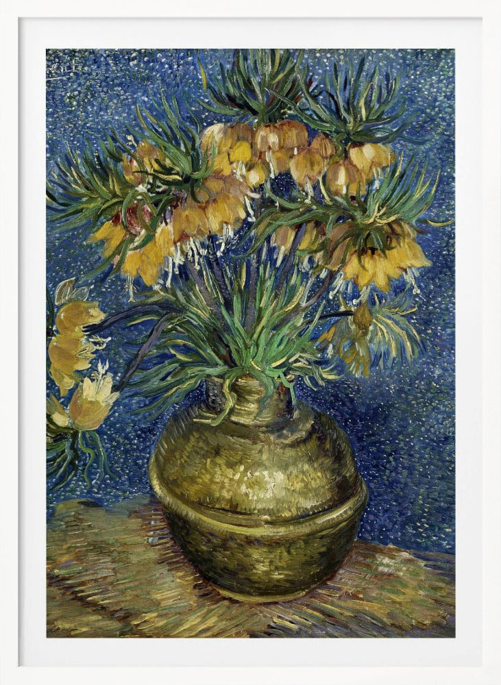 A post-impressionist still life painting by Vincent van Gogh featuring a bouquet of yellow Imperial Fritillaries with green leaves in a round copper vase against a vibrant, textured blue background. Artwork