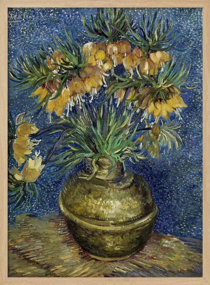 A post-impressionist still life painting by Vincent van Gogh featuring a bouquet of yellow Imperial Fritillaries with green leaves in a round copper vase against a vibrant, textured blue background. Artwork