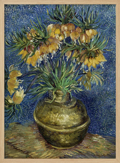 A post-impressionist still life painting by Vincent van Gogh featuring a bouquet of yellow Imperial Fritillaries with green leaves in a round copper vase against a vibrant, textured blue background. Artwork