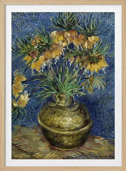 A post-impressionist still life painting by Vincent van Gogh featuring a bouquet of yellow Imperial Fritillaries with green leaves in a round copper vase against a vibrant, textured blue background. Artwork
