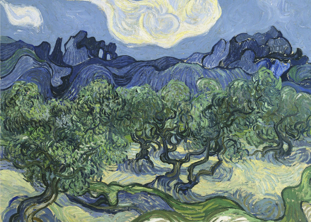 A framed post-impressionist painting by Vincent van Gogh depicting a vibrant landscape of gnarled green olive trees against a backdrop of rolling dark blue mountains under a swirling, stylized sky. Artwork