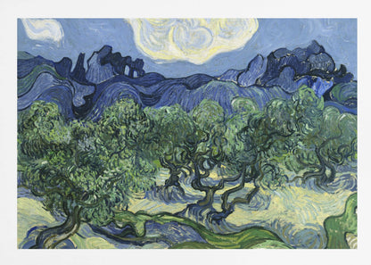 A framed post-impressionist painting by Vincent van Gogh depicting a vibrant landscape of gnarled green olive trees against a backdrop of rolling dark blue mountains under a swirling, stylized sky. Artwork