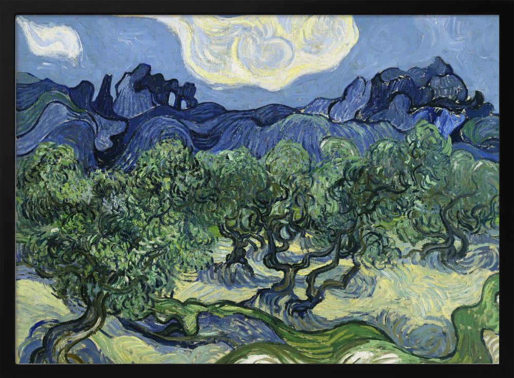 A framed post-impressionist painting by Vincent van Gogh depicting a vibrant landscape of gnarled green olive trees against a backdrop of rolling dark blue mountains under a swirling, stylized sky. Artwork