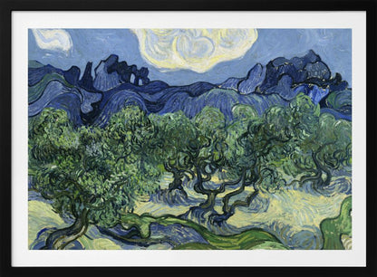 A framed post-impressionist painting by Vincent van Gogh depicting a vibrant landscape of gnarled green olive trees against a backdrop of rolling dark blue mountains under a swirling, stylized sky. Artwork